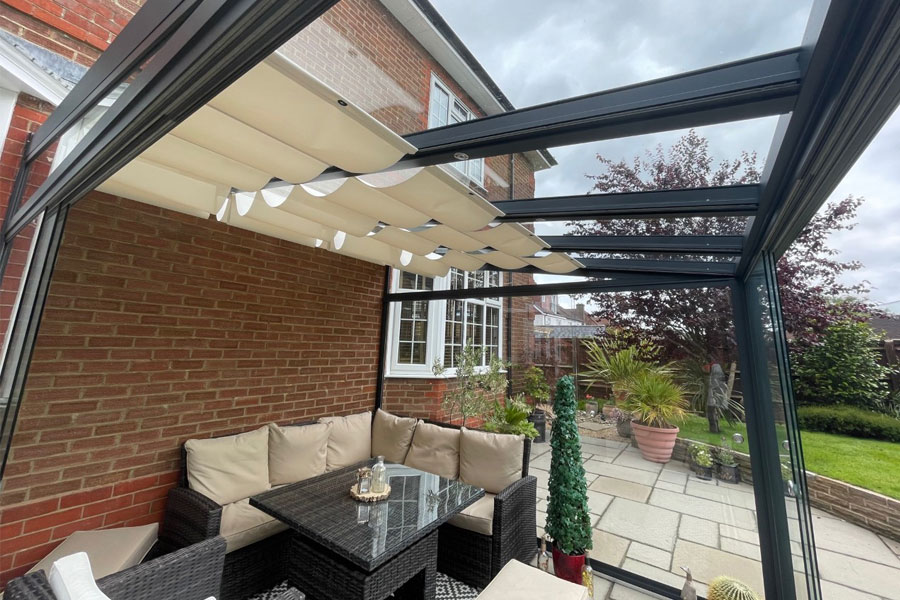 Anthracite Grey Lean To Veranda With Internal Blinds Led Lighting In Hampshire 